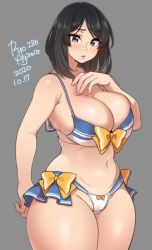 1girl 2020 agawa_ryou artist_name bikini black_hair breasts cleavage commentary dated grey_background large_breasts looking_at_viewer midriff navel original short_hair signature simple_background skindentation solo swimsuit thighs rating:Questionable score:89 user:danbooru