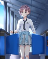  1girl antenna_hair asakura_toru bare_legs black_necktie blue_eyes blue_jacket breast_pocket clothes_around_waist collar collared_shirt ear_piercing fare_gate gate grey_skirt highres idolmaster idolmaster_shiny_colors jacket jacket_around_waist justice/ryo light_blush multicolored_hair nail_polish necktie outdoors parted_bangs piercing plaid plaid_skirt pleated_skirt pocket school_uniform shirt short_hair skirt sleeves_rolled_up smile solo ticket train_station two-tone_hair watch white_collar wristband 