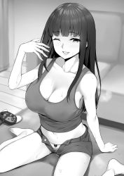 1girl barefoot blurry blurry_background blush breasts cleavage collarbone controller denim denim_shorts game_controller gamepad greyscale highres indoors large_breasts long_hair looking_at_viewer midriff monochrome navel nintendo_switch_pro_controller one_eye_closed open_fly original panties parted_lips shorts sitting solo sweat takoneru tank_top teeth unbuttoned underwear unzipped wariza zipper rating:Sensitive score:92 user:danbooru