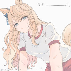  1girl animal_ears bent_over blonde_hair blue_eyes breasts ear_ornament gold_city_(umamusume) gym_uniform horse_ears horse_girl horse_tail inutose long_hair looking_at_viewer parted_lips red_shorts shirt short_sleeves shorts simple_background small_breasts solo sweat tail twitter_username umamusume white_background white_shirt 