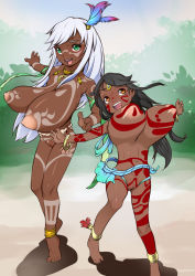 2girls :d black_hair breasts brown_eyes cleft_of_venus collarbone dark-skinned_female dark_skin day height_difference highres huge_breasts j7w j7w_village jewelry large_areolae long_hair multiple_girls navel necklace nipples nude open_mouth oppai_loli original outdoors pussy shiny_skin sky smile standing sweat tattoo teeth tribal uncensored upper_teeth_only white_hair rating:Explicit score:50 user:Domestic_Importer