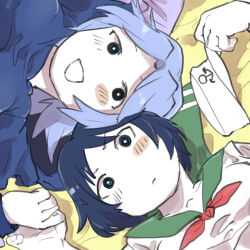  2girls a_yokogao_betsujin anchor_symbol black_eyes black_hair blue_dress blue_hair blush bow bowtie closed_mouth colored_skin commentary_request cookie_(touhou) dress flour_(cookie) green_sailor_collar hat highres holding holding_clothes holding_hat kumoi_ichirin looking_at_viewer medium_bangs milk_(cookie) multiple_girls murasa_minamitsu open_mouth parted_bangs red_bow red_bowtie sailor_collar shirt short_hair smile touhou upper_body white_shirt white_skin yellow_background 