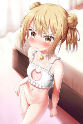  1girl absurdres arms_at_sides bad_id bad_pixiv_id bare_arms bare_legs bed bed_sheet bell blonde_hair blush bottomless breasts cat_lingerie choker cleavage_cutout cleft_of_venus closed_mouth clothing_cutout collarbone curtains double_bun highres indoors kantai_collection looking_at_viewer meme_attire michishio_(kancolle) navel neck_bell nedia_(nedia_region) pussy short_hair small_breasts solo standing stomach twintails underwear underwear_only v-shaped_eyebrows white_choker yellow_eyes  rating:Explicit score:60 user:danbooru