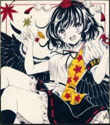  1girl :d autumn_leaves belt bird_wings black_belt black_hair black_ribbon black_skirt black_socks black_wings breasts camera commentary_request falling_feathers falling_leaves feathered_wings feathers frilled_skirt frills hajike_akira hat highres holding holding_camera kneehighs leaf leaf_print limited_palette looking_at_viewer miniskirt neck_ribbon open_mouth pointy_ears pom_pom_(clothes) puffy_short_sleeves puffy_sleeves red_hat ribbon shameimaru_aya shirt short_hair short_sleeves skirt small_breasts smile socks solo tassel thighs tokin_hat touhou traditional_media upper_body white_shirt wings 