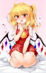 1girl :d aftersex ascot bare_legs between_legs blonde_hair blush covering_privates covering_crotch crystal cum fang female_masturbation flandre_scarlet full_body hand_between_legs hand_up highres long_hair marukyuu_ameya masturbation miniskirt nail_polish no_headwear one_side_up open_mouth pink_background pleated_skirt red_eyes red_nails red_skirt simple_background sitting skirt smile socks solo sound_effects thighs touhou vest wariza wings rating:Explicit score:20 user:danbooru