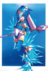  1girl blue_background blue_eyes capcom highres fairy_leviathan_(mega_man) mega_man_(series) mega_man_zero_(series) miyata polearm spear weapon 