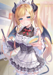  1girl absurdres akami770 apron black_corset black_dress black_horns blonde_hair blue_eyes blush breasts cleavage corset cup demon_girl demon_horns demon_tail demon_wings detached_sleeves dress frilled_dress frilled_sleeves frills highres holding holding_cup hololive horns large_breasts looking_at_viewer maid_headdress official_alternate_costume pointy_ears smile solo tail teeth twintails underbust virtual_youtuber white_apron white_headdress wings yuzuki_choco yuzuki_choco_(maid) 