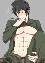  10s 1boy abs black_hair blush clothes_lift cum cum_on_body facial male_focus muscular psycho-pass shirt_lift sitting solo undressing wince yaoi  rating:Explicit score:2 user:harucho