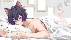 1boy ahoge animal_ears barefoot black_hair black_nails cat_boy cat_ears character_name closed_mouth colored_tips commission highres holding holding_pillow indie_virtual_youtuber k_(art71) multicolored_hair nail_polish picture_frame pillow purple_eyes purple_hair short_hair skeb_commission solo twitter_username under_covers vee_kaibyo virtual_youtuber