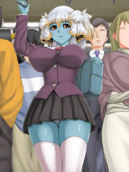  arm_up bag black_sclera blue_skin blush breasts butakoma_300g buttons colored_sclera colored_skin demon_girl hair_between_eyes heart highres hip_focus horns indoors large_breasts looking_at_viewer multiple_boys multiple_girls necktie no_eyes panties pantyshot parted_lips pleated_skirt pyurachri school_uniform skindentation skirt standing striped_clothes striped_panties thigh_gap thighhighs thighs train train_interior underwear uniform white_hair white_legwear yellow_eyes  rating:Questionable score:81 user:bhkrfviubkj