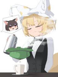  2girls :3 absurdres animal_ear_fluff animal_ear_headwear animal_ear_piercing animal_ears arm_behind_back asakura_haru black_bow black_bowtie black_vest blonde_hair bow bowtie breasts cat_ears chen closed_eyes closed_mouth coffee coffee_mug collared_shirt colored_inner_animal_ears commentary_request cup disgust dot_nose double-parted_bangs dripping fake_animal_ears fox_tail frilled_shirt frills furrowed_brow hat highres holding_kettle jitome long_sleeves medium_breasts mob_cap mug multiple_girls pleated_shirt pouring pouring_through_clothes shirt short_hair simple_background solo_focus spoken_expression standing steam tail touhou upper_body vest white_background white_shirt yakumo_ran 
