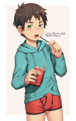 1boy absurdres blue_hoodie blush boxer_briefs brown_hair bulge cowboy_shot daikung drawstring eating erection erection_under_clothes food green_eyes highres holding holding_food holding_pocky hood hood_down hoodie long_sleeves looking_at_viewer male_focus male_underwear no_pants open_mouth pocky red_boxer_briefs red_male_underwear shota simple_background solo sweat teeth twitter_username underwear upper_teeth_only white_background rating:Questionable score:108 user:Hooly
