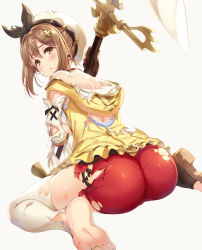 1girl :t artistic_error ass atelier_(series) atelier_ryza atelier_ryza_1 bad_anatomy bad_feet barefoot blush brown_eyes brown_gloves brown_hair closed_mouth from_behind gloves grey_background hair_ornament hairclip hat highres holding holding_staff light_rays looking_at_viewer looking_back pout red_shorts reisalin_stout short_shorts shorts simple_background sitting solo staff tears tel-o thighhighs torn_clothes torn_shorts torn_thighhighs white_hat white_thighhighs wrong_foot rating:Sensitive score:16 user:danbooru