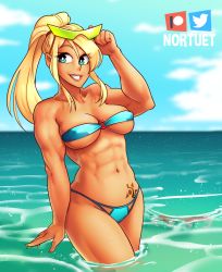  1girl beach bikini metroid nintendo nortuet samus_aran swimsuit tan  rating:Explicit score:16 user:Monka-S
