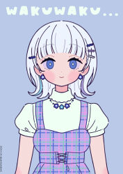  1girl blue_eyes blue_flower closed_mouth commentary dated dress earrings flower flower_earrings grey_background grey_hair hair_ornament hairclip highres jewelry looking_at_viewer neki_(wakiko) original puffy_short_sleeves puffy_sleeves purple_dress romaji_text shirt short_sleeves simple_background sleeveless sleeveless_shirt smile solo translation_request twitter_username upper_body white_shirt 