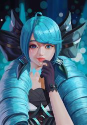 1girl absurdres ahoge black_background black_bow black_gloves blue_eyes blue_hair bow breasts drill_hair gloves green_background green_eyes green_hair gwen_(league_of_legends) hair_bow hand_up highres league_of_legends long_hair looking_at_viewer smile solo swept_bangs twin_drills user_smfa2555 rating:Sensitive score:7 user:danbooru