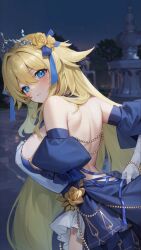  1girl blonde_hair blue_dress blue_eyes blush bracelet breasts bridget_(isekai:_slow_life) clothes_lift coin crown curly_hair detached_sleeves dress dress_lift elbow_gloves flower gloves hair_flower hair_ornament isekai:_slow_life jewelry large_breasts leaf long_hair necklace pantyhose pearl_necklace puffy_detached_sleeves puffy_sleeves very_long_hair wallpaper white_gloves white_pantyhose yellow_flower 