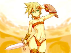 1boy androgynous blonde_hair blush bulge clenched_hand earrings erection erection_under_clothes gladiator green_eyes jewelry looking_at_viewer male_focus navel noname_(nowhere) penis short_hair shota solo standing sword trap uncensored weapon rating:Explicit score:147 user:Jellybooru