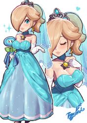 1girl aqua_dress aqua_eyes artist_logo artist_name bare_shoulders blush breasts brooch cleavage closed_eyes collar dress earrings full_body gloves heart highres holding holding_plant ice_flower jewelry large_breasts long_dress long_hair looking_at_viewer mario_(series) nintendo pink_lips plant rosalina simple_background solo star_(symbol) star_brooch star_earrings strapless strapless_dress tiara toggy_keiichi upper_body veil white_background white_gloves 