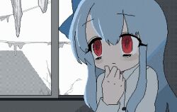  1girl @_@ alternate_costume animated animated_gif blinking blue_bow blue_hair blush bow breath closed_mouth cold day dithering frown grey_background grey_hoodie hair_bow hand_to_own_mouth hand_up highres hood hood_down hoodie icicle indoors kotonoha_aoi kuuneru_engeizaa_(voiceroid) long_hair long_sleeves looping_animation marihico monochrome_background open_window pixel_art power_lines red_eyes sidelocks solo trembling upper_body voiceroid window winter 