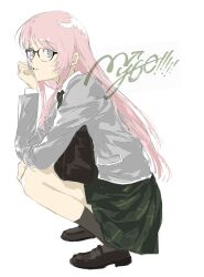  1girl bang_dream! bang_dream!_it&#039;s_mygo!!!!! black_footwear black_socks blazer chihaya_anon commentary copyright_name diagonal-striped_clothes diagonal-striped_necktie glasses green_necktie green_skirt grey_eyes grey_jacket haneoka_school_uniform hashtag-only_commentary highres jacket loafers long_hair long_sleeves looking_at_viewer necktie open_mouth pink_hair plaid plaid_skirt pleated_skirt school_uniform shirt shoes sidelocks simple_background skirt socks solo squatting striped_clothes white_background white_shirt wigfire 
