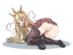 10s 1girl anus ass blonde_hair blush boots cagliostro_(granblue_fantasy) censored crown fechirin granblue_fantasy highres long_hair looking_back purple_eyes pussy skirt smile thighhighs thighs 