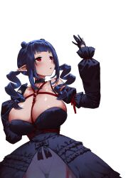 1girl absurdres black_collar black_dress black_gloves black_ribbon black_sleeves blue_hair blush breasts cleavage collar curly_hair curvy detached_collar detached_sleeves detexted dizzy_dokuro double_bun dress drill_hair extraction frills gloves hair_bun haraya_manawari highres huge_breasts long_hair low_twintails o-ring partially_fingerless_gloves phase_connect pointy_ears red_eyes red_rope ribbon rope see-through see-through_dress shibari simple_background solo thighs third-party_edit twin_drills twintails virtual_youtuber white_background 