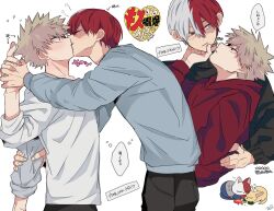  2boys animification artist_name bakugou_katsuki blonde_hair blue_sweater blush boku_no_hero_academia burn_scar closed_eyes cowboy_shot hand_on_another&#039;s_arm hand_on_another&#039;s_chin heart highres hood hoodie kiss long_sleeves male_focus motion_lines multicolored_hair multiple_boys multiple_views red_hoodie rtrggv scar scar_on_face sound_effects surprised sweater teeth todoroki_shouto translation_request two-tone_hair white_background white_sweater yaoi 