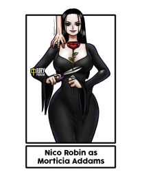  black_dress black_hair blue_eyes breasts disembodied_hand dress flower hana_hana_no_mi hand_on_shoulder iury_padilha large_breasts long_hair morticia_addams nico_robin one_piece rose smile tagme wide_hips  rating:Questionable score:18 user:MarineCaptainKoby