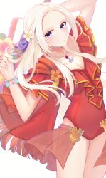 1girl arm_behind_head arm_up breasts cleavage collarbone commentary_request edelgard_von_hresvelg fire_emblem fire_emblem:_three_houses flower forehead fringe_trim hair_flower hair_ornament hair_ribbon hand_up highres long_hair looking_at_viewer medium_breasts nintendo one-piece_swimsuit parted_bangs parted_lips purple_eyes purple_ribbon red_one-piece_swimsuit ribbon satoimo_chika simple_background solo star_(symbol) swimsuit very_long_hair white_background white_flower white_hair yellow_flower