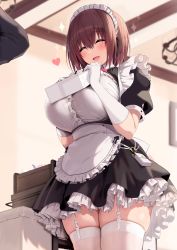 1boy 1girl apron black_dress blue_gk blush breasts brown_hair cleavage cleavage_cutout closed_eyes clothing_cutout dress elbow_gloves gift_bag gloves heart highres large_breasts maid maid_headdress open_mouth original puffy_short_sleeves puffy_sleeves short_hair short_sleeves smile solo_focus sparkle waist_apron white_apron white_gloves rating:Sensitive score:51 user:danbooru