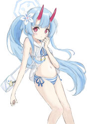 1girl beach bikini blue_archive blue_hair blunt_bangs blurry blush breasts chise_(blue_archive) chise_(swimsuit)_(blue_archive) cleavage commentary_request cram960 hair_between_eyes highres horns official_alternate_costume oni_horns parted_lips red_eyes side-tie_bikini_bottom side_ponytail sidelocks simple_background sleeveless small_breasts solo stomach striped_bikini striped_clothes swimsuit rating:Sensitive score:3 user:danbooru