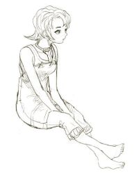  1girl barefoot closed_mouth greyscale ilia monochrome nintendo short_hair solo the_legend_of_zelda the_legend_of_zelda:_twilight_princess yo_mo 