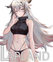  1girl alternate_costume animal_ears arknights bare_arms bare_shoulders breasts character_name commentary cowboy_shot crop_top female_focus grey_eyes hair_between_eyes hair_ornament hairclip hand_up highres lappland_(arknights) large_breasts long_hair looking_at_viewer midriff navel no_pants nuanpapa silver_hair simple_background sleeveless solo standing stomach thighs turtleneck very_long_hair white_background wolf_ears  rating:Sensitive score:18 user:danbooru