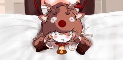  1girl artist_request bent_over blonde_hair blush brown_hair costume loli reindeer saliva sexually_suggestive thighs  rating:Explicit score:4 user:loli_muffin