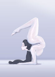  1girl absurdres ass black_hair bodysuit breasts closed_eyes contortion flexible handstand highres large_breasts long_hair original simple_background solo thighs white_background zemzeq  rating:Questionable score:13 user:danbooru
