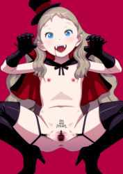  1girl aurore aurore_(takatou_sora) blonde_hair blush brown_hair censored costume eyebrows eyelashes eyeshadow fangs female_focus flat_chest green_eyeshadow highres lips lipstick loli long_hair looking_at_viewer makeup monster_girl no_panties nude open_mouth original purple_lips pussy simple_background solo spread_pussy tagme takatou_sora vampire  rating:Explicit score:95 user:lowenzo