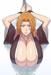 1girl bleach breast_focus breasts chained_wrists cleavage close-up collarbone half-closed_eyes highres huge_breasts iwao178 japanese_clothes jewelry long_hair matsumoto_rangiku mole mole_under_mouth necklace orange_hair parted_bangs restrained shiny_skin solo stuck through_wall upper_body rating:Sensitive score:209 user:danbooru
