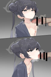 1boy 1girl absurdres bar_censor black_hair blue_archive breasts censored closed_mouth commentary_request double_bun erection fellatio grey_eyes hair_bun halo highres k8on kisaki_(blue_archive) korean_commentary loli long_hair nipples off_shoulder oral oversized_clothes penis shirt simple_background small_breasts testicles twintails rating:Explicit score:275 user:danbooru