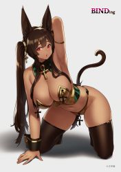 1girl :o animal_ears anubis_(houtengeki) arm_strap arm_support arm_up armpits artist_name breasts brown_hair brown_thighhighs cat_tail cleavage crop_top crossed_bangs dark-skinned_female dark_skin detached_collar furrowed_brow grey_background hair_between_eyes hair_ornament high_heels highleg highleg_panties houtengeki jackal_ears kneehighs large_breasts long_hair looking_at_viewer midriff navel official_art original panties parted_lips red_eyes simple_background skindentation socks solo stomach strapless tail thighhighs thighs twintails underwear wrist_cuffs yellow_panties rating:Sensitive score:88 user:danbooru