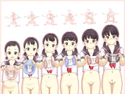  6+girls :&lt; :d :o age_comparison age_difference age_progression black_eyes black_hair blush bottomless cleft_of_venus female_focus female_pubic_hair gluteal_fold highres holding holding_clothes holding_panties holding_underwear hseln japanese_text lineup loli long_hair looking_at_viewer low_twintails multiple_girls navel neckerchief open_mouth original outline panties unworn_panties pubic_hair pussy sailor_collar school_uniform serafuku shirt short_hair short_sleeves short_twintails simple_background smile stained_panties standing translation_request twintails uncensored underwear white_background 