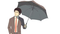  1boy afro belt black_hair black_suit black_umbrella facial_hair formal highres holding holding_umbrella kani6850 long_sleeves male_focus nanba_mutta necktie red_necktie shirt simple_background smile solo standing stubble suit thick_eyebrows uchuu_kyoudai umbrella white_background 