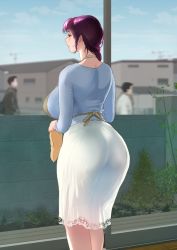 1girl apron ass blue_sweater blurry blurry_background breasts circle_monshiro from_behind hair_over_shoulder holding holding_towel large_breasts long_skirt mature_female original outdoors purple_hair sidelocks skirt standing sweater towel wall white_skirt yellow_apron rating:Sensitive score:92 user:danbooru