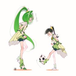  2girls aoi_tete artist_logo ball bike_shorts bike_shorts_under_skirt black_hair black_shorts blouse boots closed_mouth cosplay cure_march cure_march_(cosplay) gloves green_eyes green_footwear green_hair green_shirt green_skirt hair_ornament half_gloves high_ponytail highres kicking leaning_forward light_frown long_hair looking_at_another magical_girl midorikawa_nao miniskirt motion_blur multiple_girls open_mouth pleated_skirt ponytail precure shirt shorts simple_background skirt smile smile_precure! soccer_ball standing standing_on_one_leg sweatdrop tiara translated very_long_hair white_background white_gloves  rating:General score:1 user:danbooru