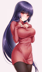  1girl black_pantyhose blunt_bangs blush breasts creatures_(company) female_focus game_freak gym_leader hands_on_own_chest hime_cut hizuki_akira large_breasts long_hair looking_at_viewer nintendo pantyhose pokemon purple_hair red_eyes ribbed_sweater sabrina_(pokemon) simple_background solo sweater very_long_hair  rating:Sensitive score:77 user:danbooru