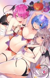  3girls :o armpits arms_up ass ass_cutout ayamy backless_dress backless_outfit bandaged_leg bandages bare_arms bare_shoulders bikini black_bikini black_dress blue_eyes blue_hair braid breasts choker cleavage closed_mouth clothing_cutout collarbone commentary demon_tail demon_wings dress elf emilia_(re:zero) fang flower_knot french_braid front-tie_bikini_top front-tie_top groin hair_ornament halloween halterneck hat head_wings highres jack-o&#039;-lantern large_breasts long_hair looking_at_viewer lying multiple_girls navel on_back on_side parted_lips petelgeuse_romaneeconti pink_eyes pink_hair pointy_ears purple_eyes ram_(re:zero) re:zero_kara_hajimeru_isekai_seikatsu rem_(re:zero) revealing_clothes short_hair siblings sidelocks silver_hair small_breasts stomach strapless strapless_dress swimsuit tail thigh_strap thighs twins untied_bikini very_long_hair wings witch_hat wristband x_hair_ornament  rating:Sensitive score:98 user:danbooru