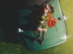  1girl absurdres animal_ears black_thighhighs brown_hair capelet car ear_ornament epaulettes from_above full_body green_jacket green_skirt hair_between_eyes highres horse_ears horse_girl horse_tail jacket long_hair long_sleeves looking_at_viewer lying mazda mazda_rx-7 mazda_rx-7_fb motor_vehicle multicolored_hair no_shoes on_back purple_eyes red_capelet run_rotary single_epaulette skirt solo streaked_hair symboli_rudolf_(umamusume) tail textless_version thighhighs umamusume vehicle_focus white_hair 