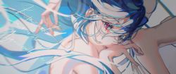  1girl absurdres arm_behind_head ayanami_rei backlighting blurry blurry_background character_name chromatic_aberration close-up depth_of_field evangelion:_3.0+1.0_thrice_upon_a_time eyelashes face floating_hair grey_(pixiv_13553019) hair_between_eyes hand_to_own_mouth hand_up head_tilt highres leg_up light_blue_hair lips long_eyelashes long_hair messy_hair neon_genesis_evangelion nude parted_lips rebuild_of_evangelion red_eyes skinny solo tsurime very_long_hair 
