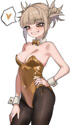  1girl alternate_costume animal_ears bags_under_eyes blonde_hair boku_no_hero_academia breasts brown_pantyhose covered_navel detached_collar double_bun fake_animal_ears gold_bowtie gold_leotard grin hair_bun heart highleg highleg_leotard highres leotard looking_at_viewer medium_breasts messy_hair pantyhose playboy_bunny sidelocks slit_pupils smile solo speech_bubble spoken_heart strapless strapless_leotard teeth toga_himiko wrist_cuffs yellow_eyes zd_(pixiv6210083) 