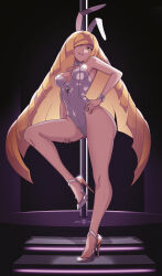  1girl absurdres animal_ears blonde_hair breasts creatures_(company) fake_animal_ears full_body game_freak green_eyes grin hand_on_own_hip high_heels highres legs long_hair looking_at_viewer lusamine_(pokemon) mature_female medium_breasts nintendo ornament pokemon pokemon_sm pole rabbit_ears seductive_smile smile solo stripper_pole thighs very_long_hair vivivoovoo 